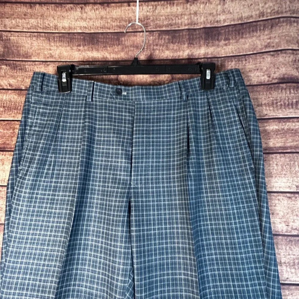 J. Hilburn Reda 1865 Blue Grid Check Pleated Cuffed Wool Dress Pants Mens 38x31
